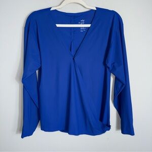 ADAY That's a Wrap Top Blouse-Royal Blue-Lightweight Travel-Long Sleeves-XS